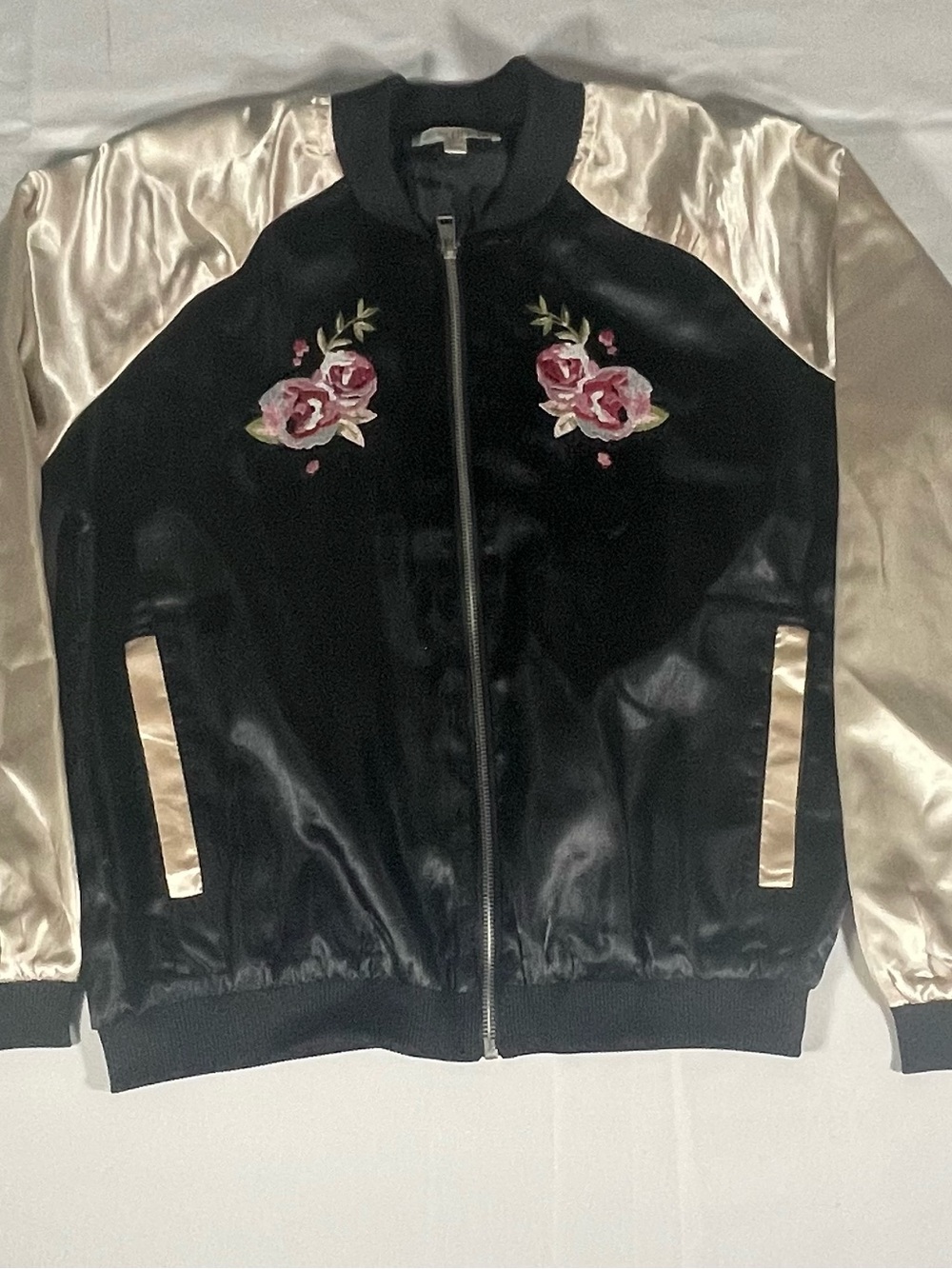 Floral Embroidered Satin‎ Bomber Jacket - Black & Champagne